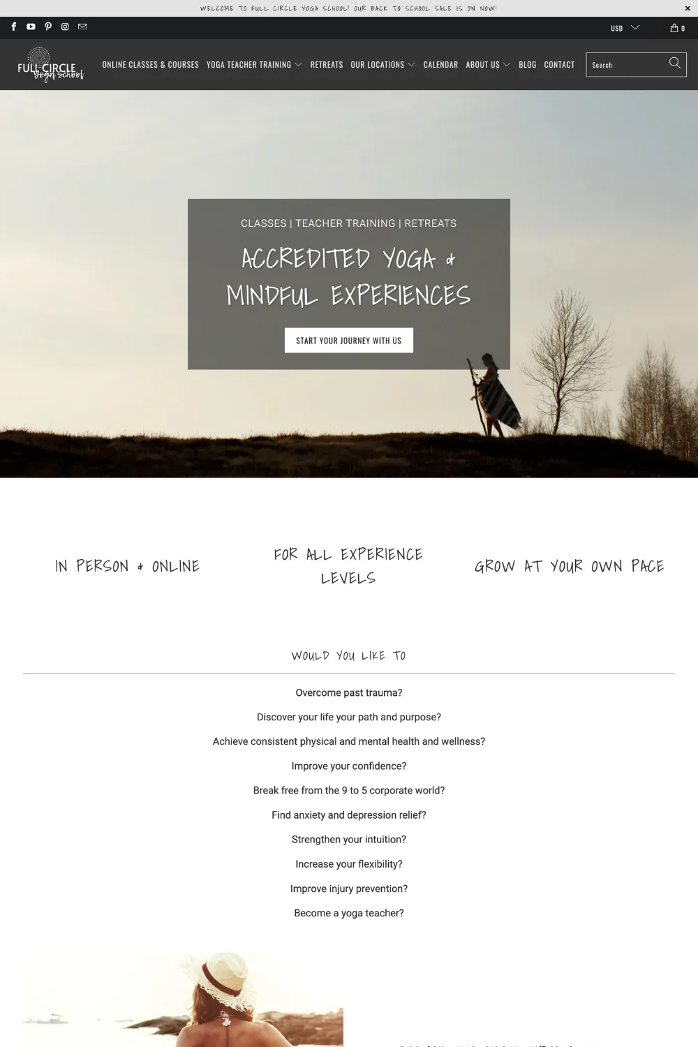 fullcircleyogaschool.com website home page